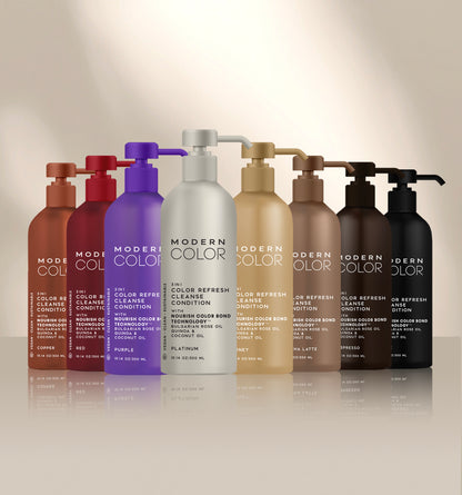 Image of seven full bottle sets labeled Modern Color 3-in-1 Color Refresh: Cleanse, Condition, and Nourish with Bulgarian Rose Oil, Quinoa, and Coconut Oil.