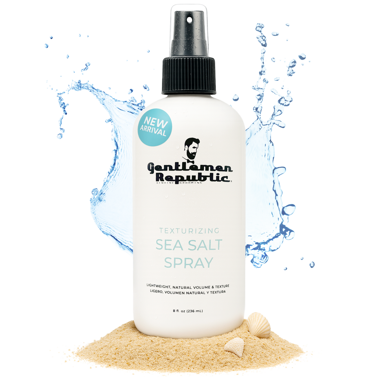 Bottle of Gentleman Republic sea salt spray with water splash and sand in the background