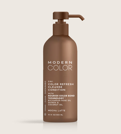 Product image of a mocha-colored bottle labeled Modern Color 3-in-1 Color Refresh: Cleanse, Condition, and Nourish with Bulgarian Rose Oil, Quinoa, and Coconut Oil. Features Nourish Color Bond Technology for vibrant Mocha Latte hair.