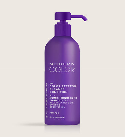 Image of a purple-colored bottle labeled Modern Color 3-in-1 Color Refresh: Cleanse, Condition, and Nourish with Bulgarian Rose Oil, Quinoa, and Coconut Oil.